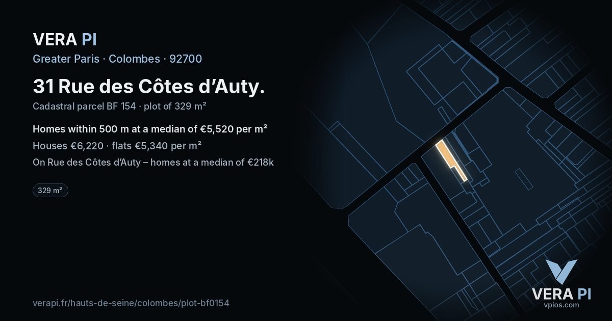 31 Rue des Côtes d’Auty, Colombes at night – the plot lit, the parcels around coloured by the prices near them