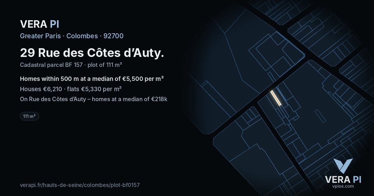 29 Rue des Côtes d’Auty, Colombes at night – the plot lit, the parcels around coloured by the prices near them