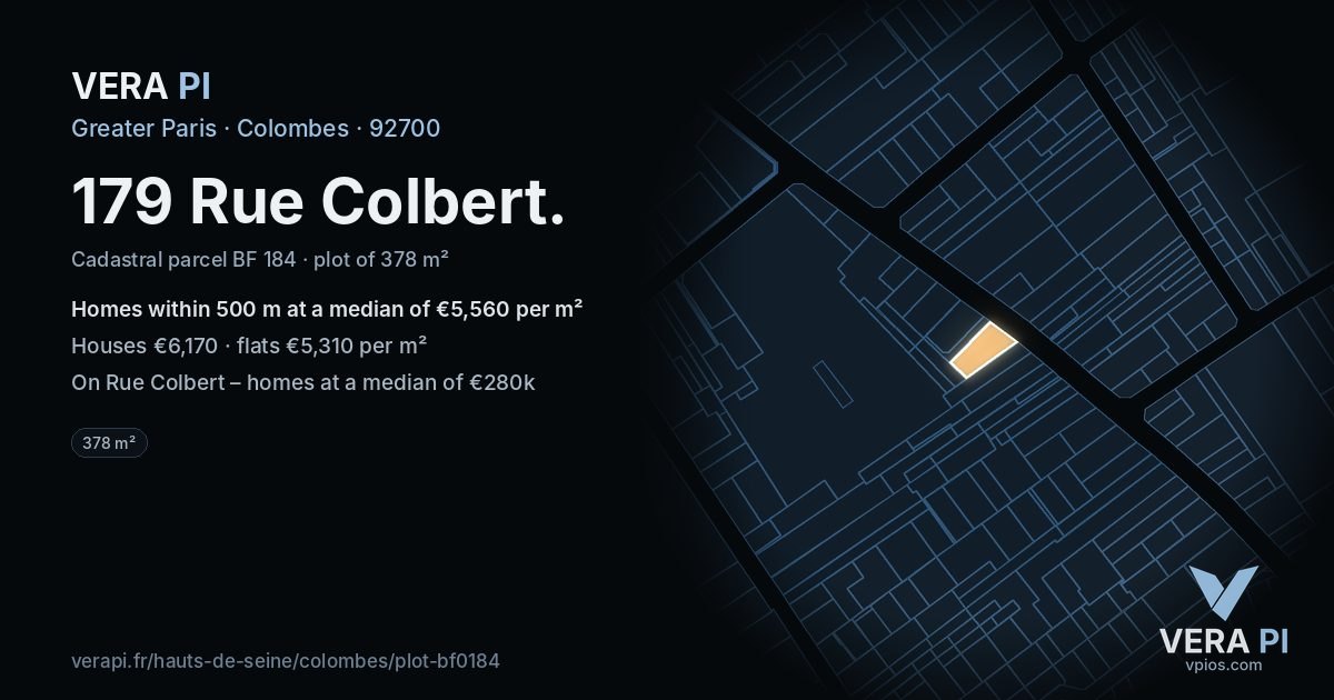 179 Rue Colbert, Colombes at night – the plot lit, the parcels around coloured by the prices near them