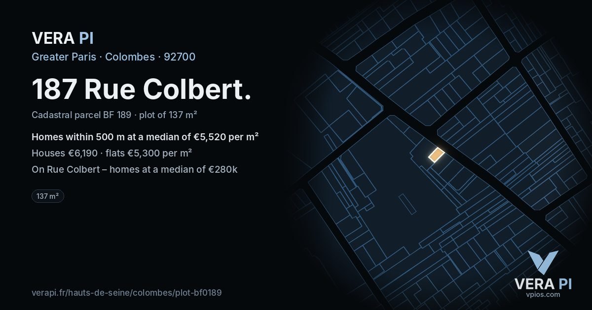 187 Rue Colbert, Colombes at night – the plot lit, the parcels around coloured by the prices near them
