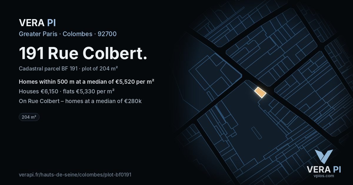 191 Rue Colbert, Colombes at night – the plot lit, the parcels around coloured by the prices near them