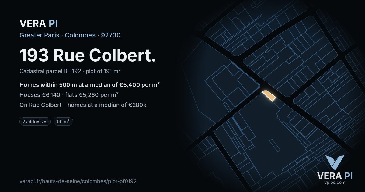 193 Rue Colbert, Colombes at night – the plot lit, the parcels around coloured by the prices near them