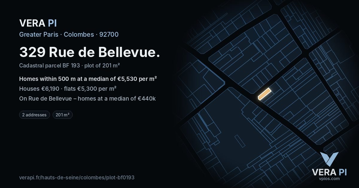 329 Rue de Bellevue, Colombes at night – the plot lit, the parcels around coloured by the prices near them