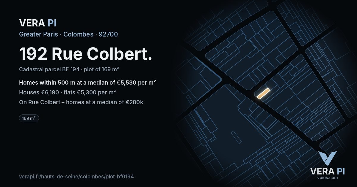 192 Rue Colbert, Colombes at night – the plot lit, the parcels around coloured by the prices near them