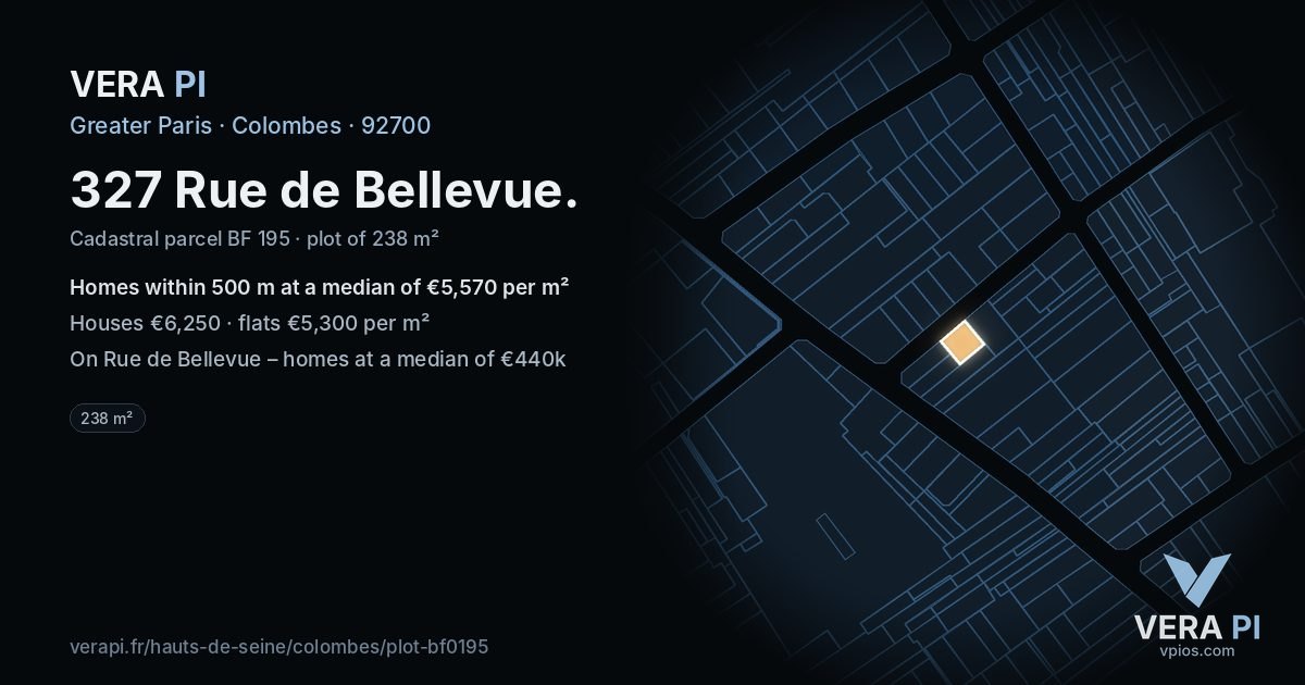 327 Rue de Bellevue, Colombes at night – the plot lit, the parcels around coloured by the prices near them