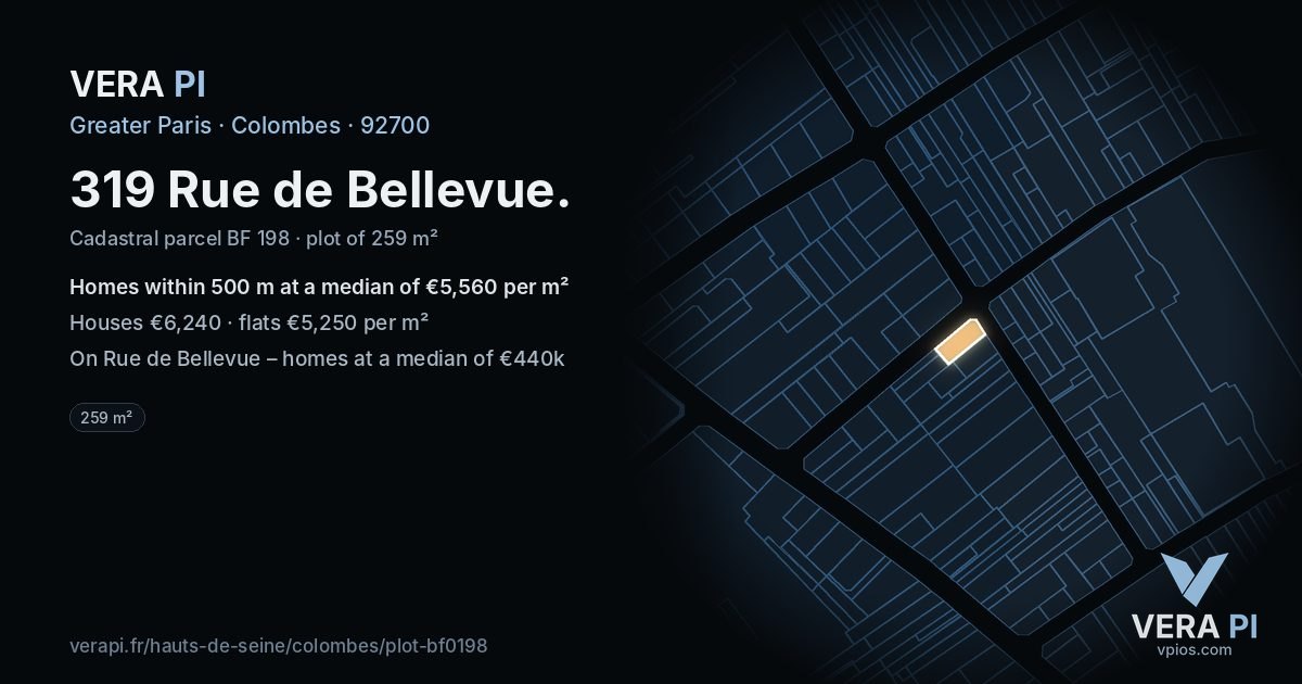 319 Rue de Bellevue, Colombes at night – the plot lit, the parcels around coloured by the prices near them