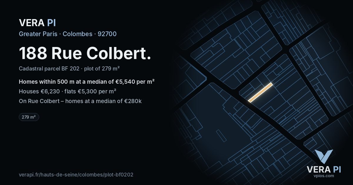 188 Rue Colbert, Colombes at night – the plot lit, the parcels around coloured by the prices near them