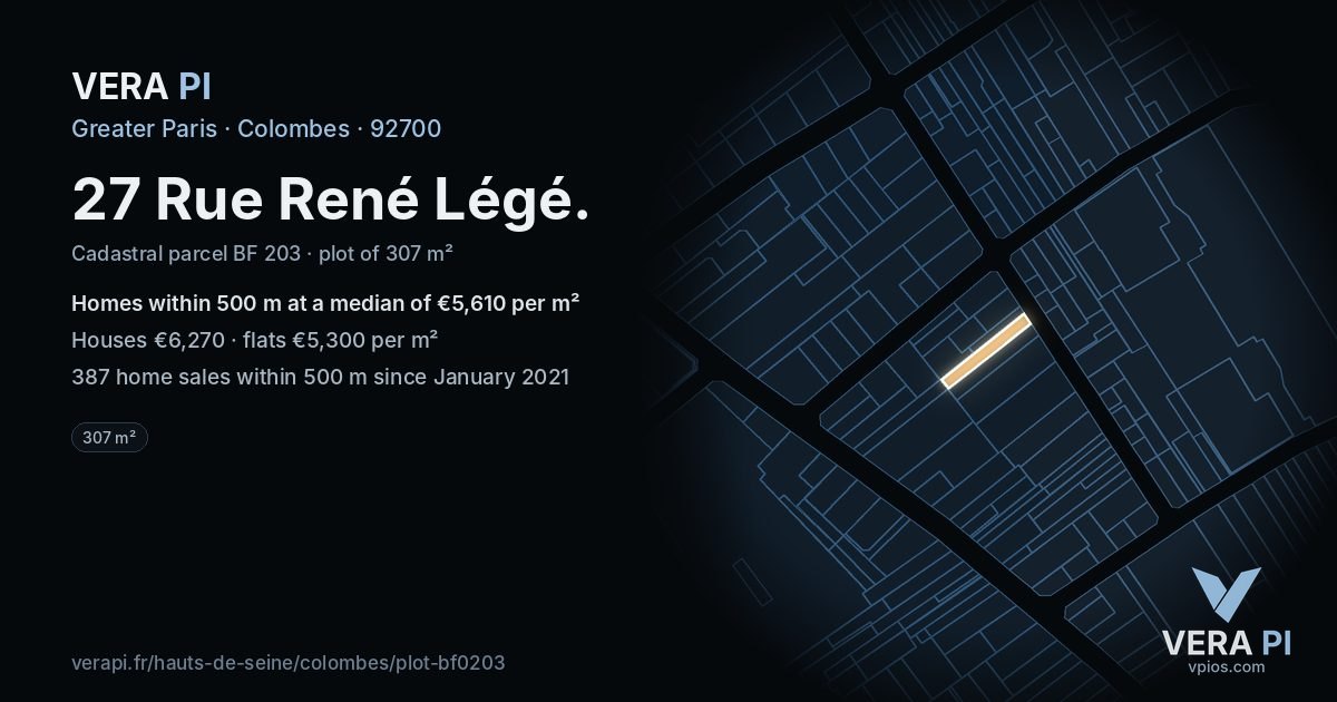 27 Rue René Légé, Colombes at night – the plot lit, the parcels around coloured by the prices near them