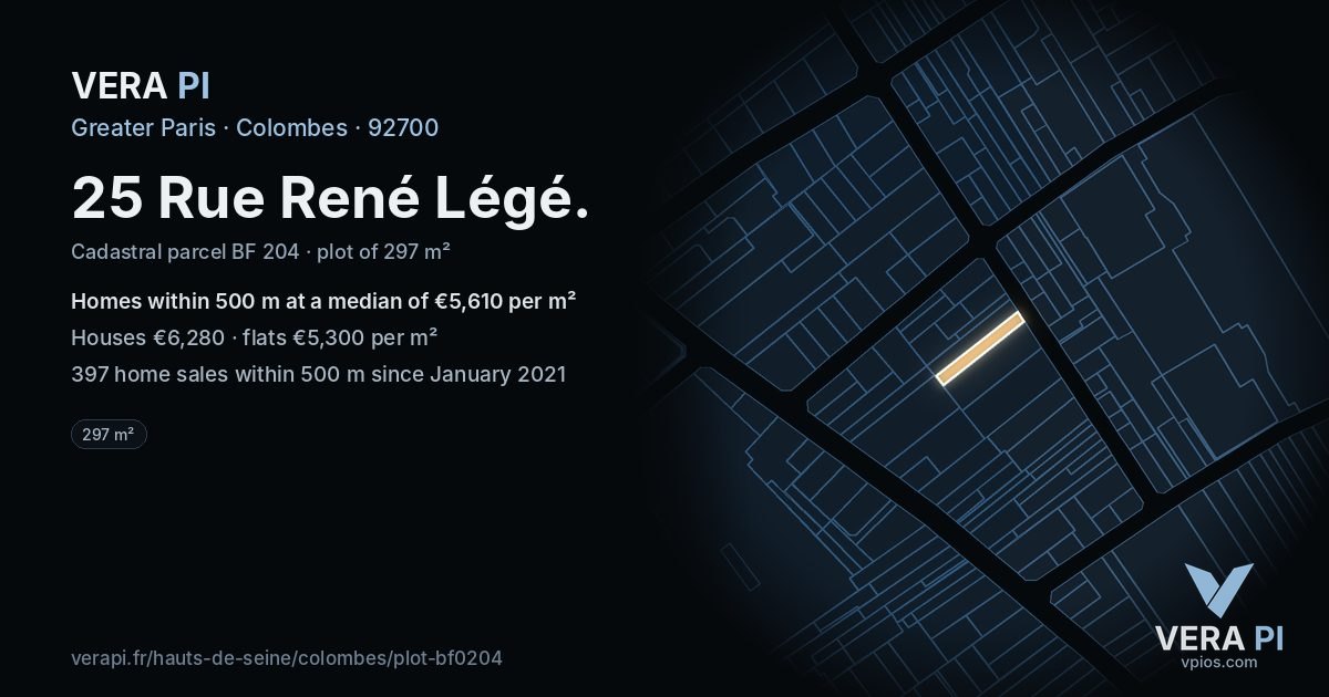 25 Rue René Légé, Colombes at night – the plot lit, the parcels around coloured by the prices near them