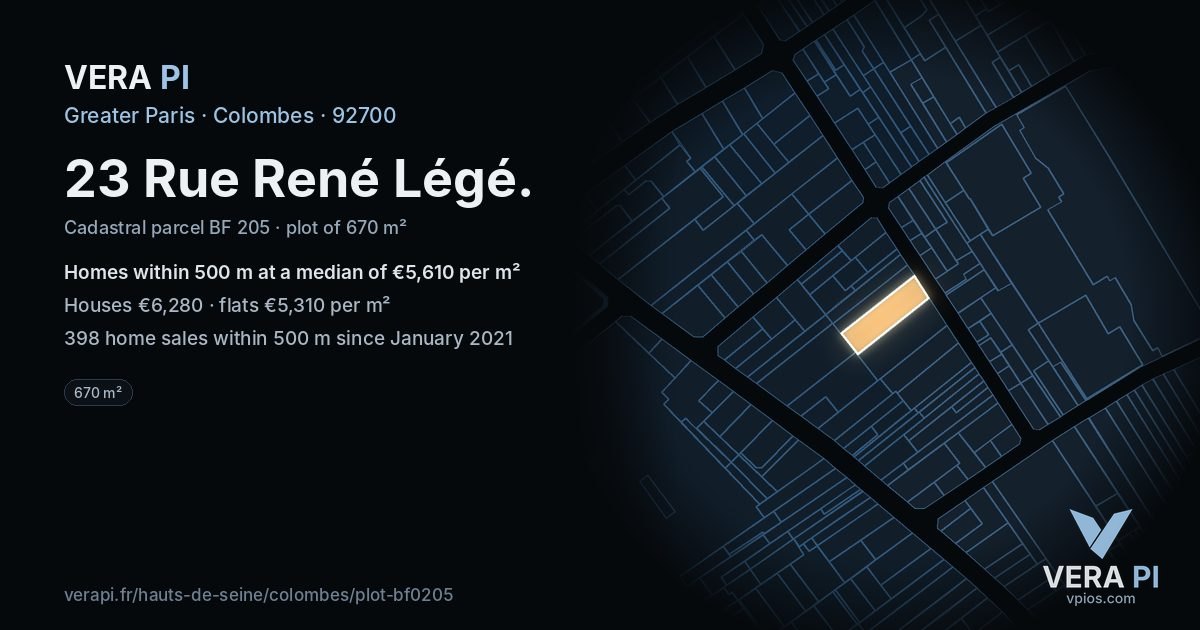 23 Rue René Légé, Colombes at night – the plot lit, the parcels around coloured by the prices near them