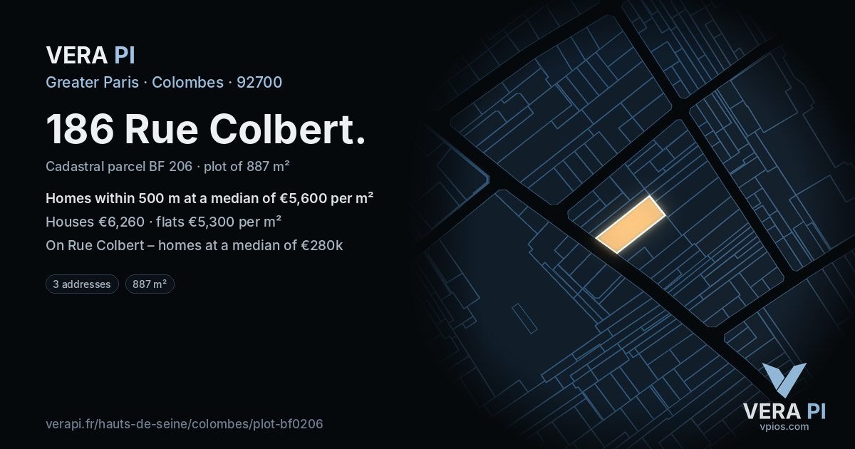186 Rue Colbert, Colombes at night – the plot lit, the parcels around coloured by the prices near them
