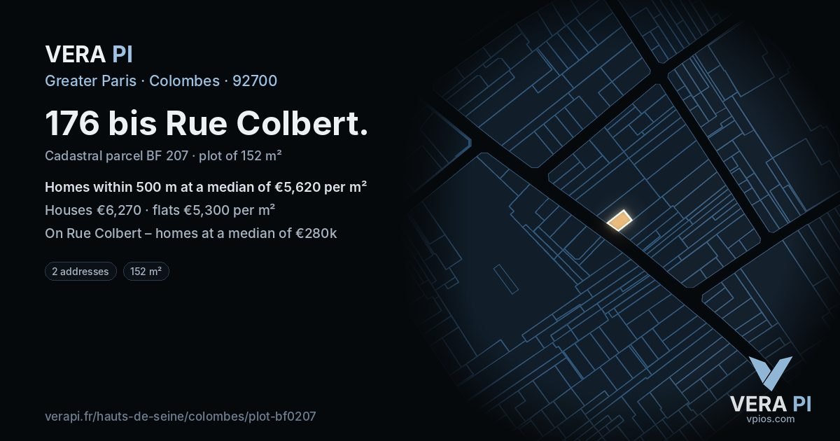 176 bis Rue Colbert, Colombes at night – the plot lit, the parcels around coloured by the prices near them