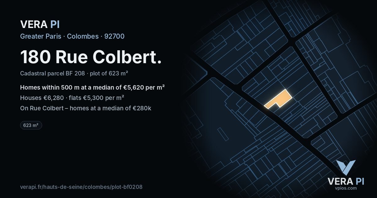 180 Rue Colbert, Colombes at night – the plot lit, the parcels around coloured by the prices near them