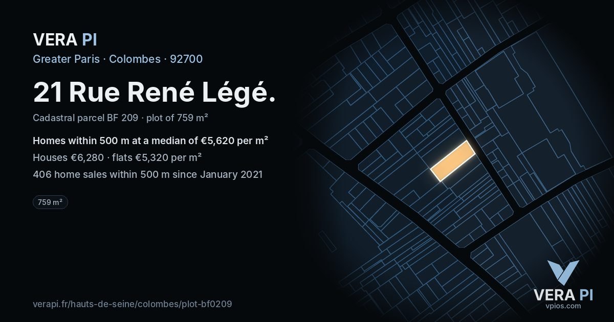 21 Rue René Légé, Colombes at night – the plot lit, the parcels around coloured by the prices near them