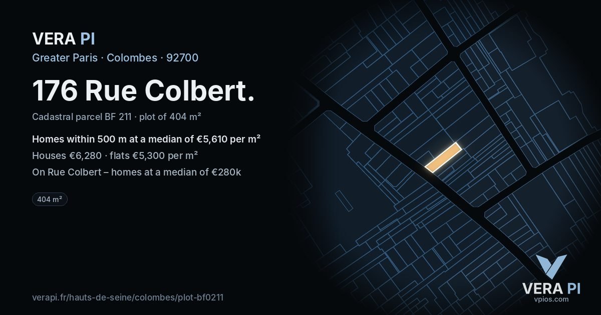 176 Rue Colbert, Colombes at night – the plot lit, the parcels around coloured by the prices near them