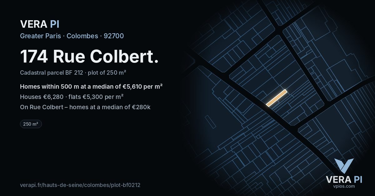 174 Rue Colbert, Colombes at night – the plot lit, the parcels around coloured by the prices near them