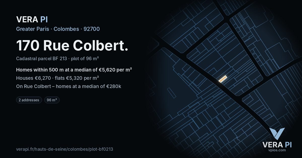 170 Rue Colbert, Colombes at night – the plot lit, the parcels around coloured by the prices near them