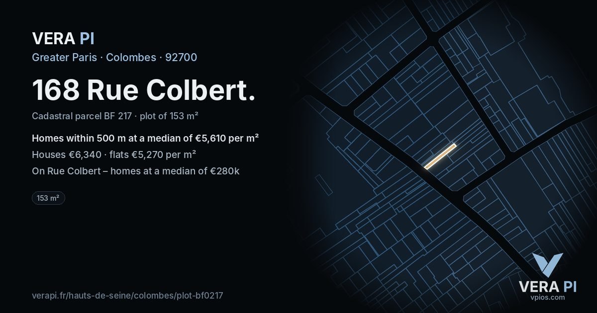 168 Rue Colbert, Colombes at night – the plot lit, the parcels around coloured by the prices near them