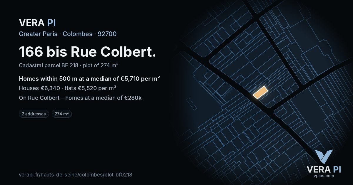 166 bis Rue Colbert, Colombes at night – the plot lit, the parcels around coloured by the prices near them
