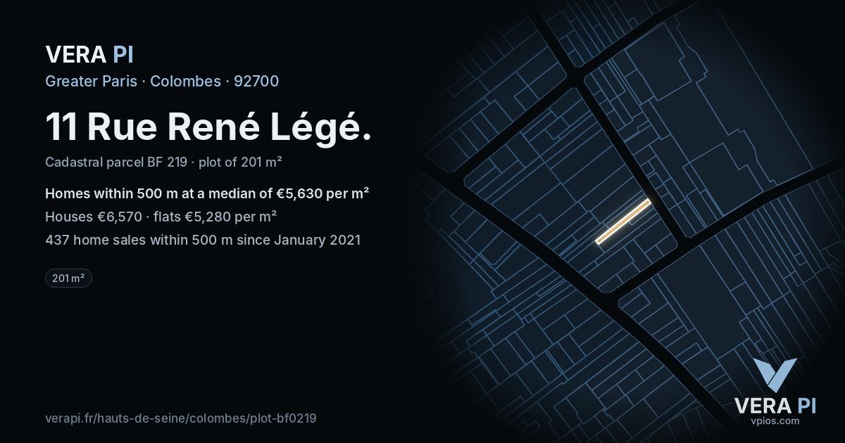 11 Rue René Légé, Colombes at night – the plot lit, the parcels around coloured by the prices near them