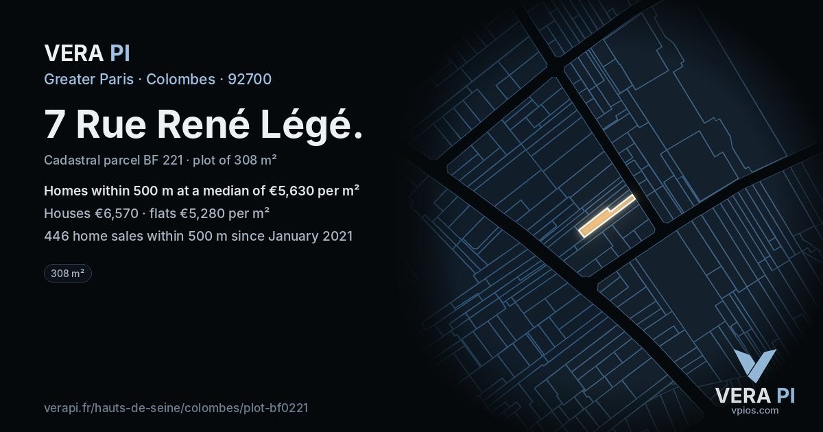 7 Rue René Légé, Colombes at night – the plot lit, the parcels around coloured by the prices near them