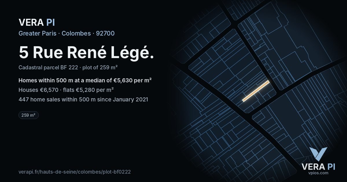 5 Rue René Légé, Colombes at night – the plot lit, the parcels around coloured by the prices near them