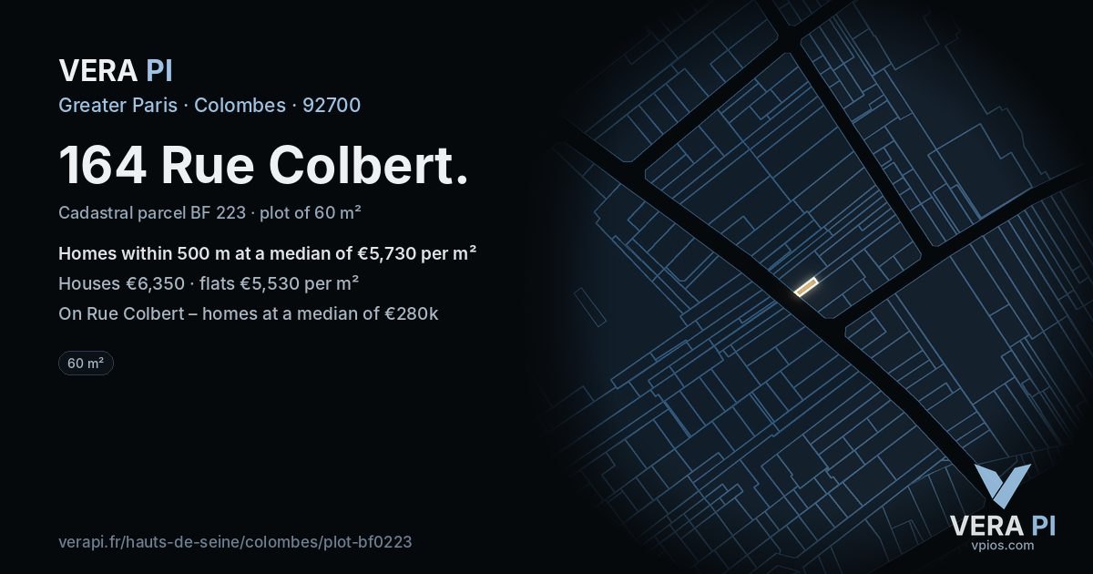 164 Rue Colbert, Colombes at night – the plot lit, the parcels around coloured by the prices near them