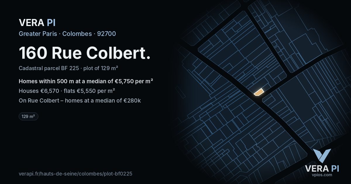 160 Rue Colbert, Colombes at night – the plot lit, the parcels around coloured by the prices near them