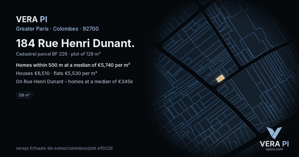 184 Rue Henri Dunant, Colombes at night – the plot lit, the parcels around coloured by the prices near them