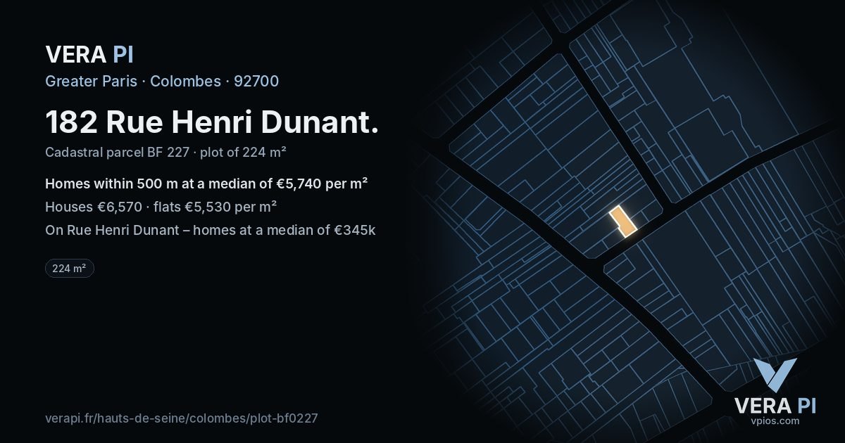 182 Rue Henri Dunant, Colombes at night – the plot lit, the parcels around coloured by the prices near them