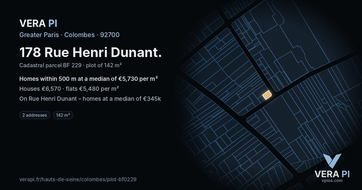 178 Rue Henri Dunant, Colombes at night – the plot lit, the parcels around coloured by the prices near them
