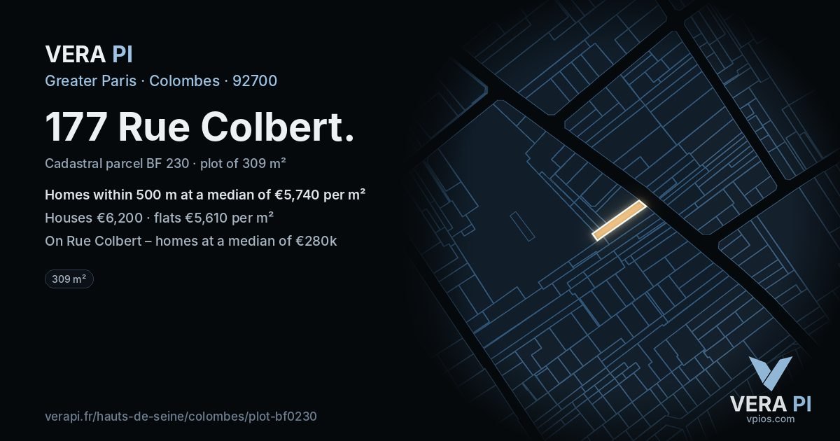 177 Rue Colbert, Colombes at night – the plot lit, the parcels around coloured by the prices near them