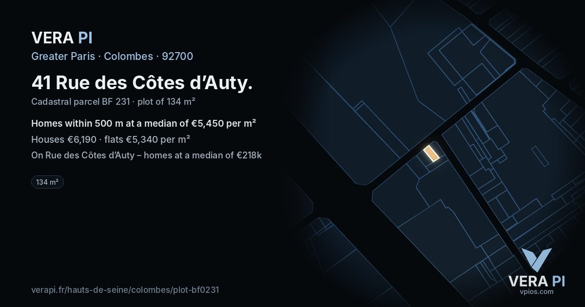 41 Rue des Côtes d’Auty, Colombes at night – the plot lit, the parcels around coloured by the prices near them