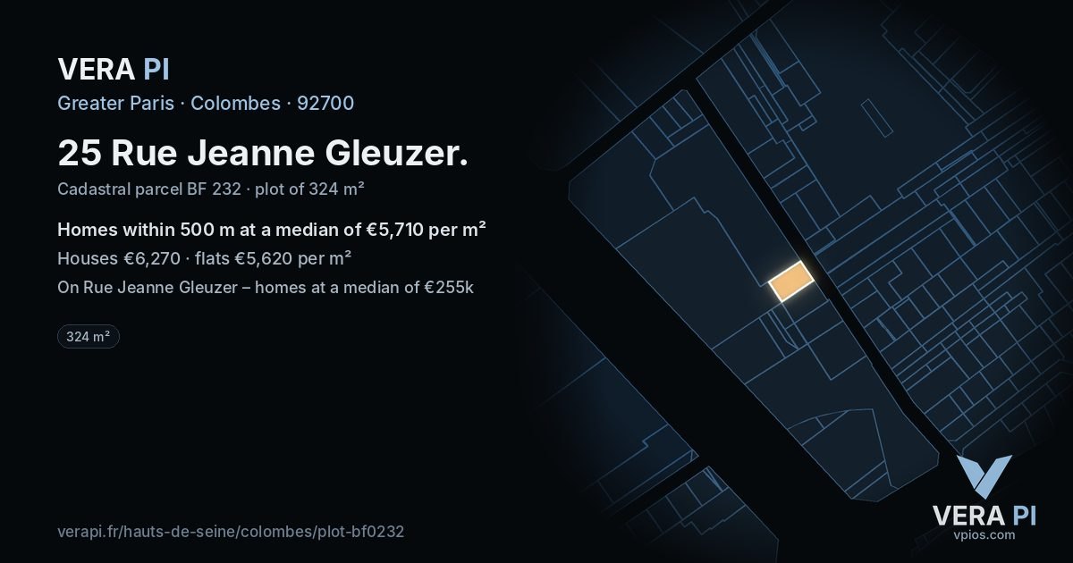 25 Rue Jeanne Gleuzer, Colombes at night – the plot lit, the parcels around coloured by the prices near them