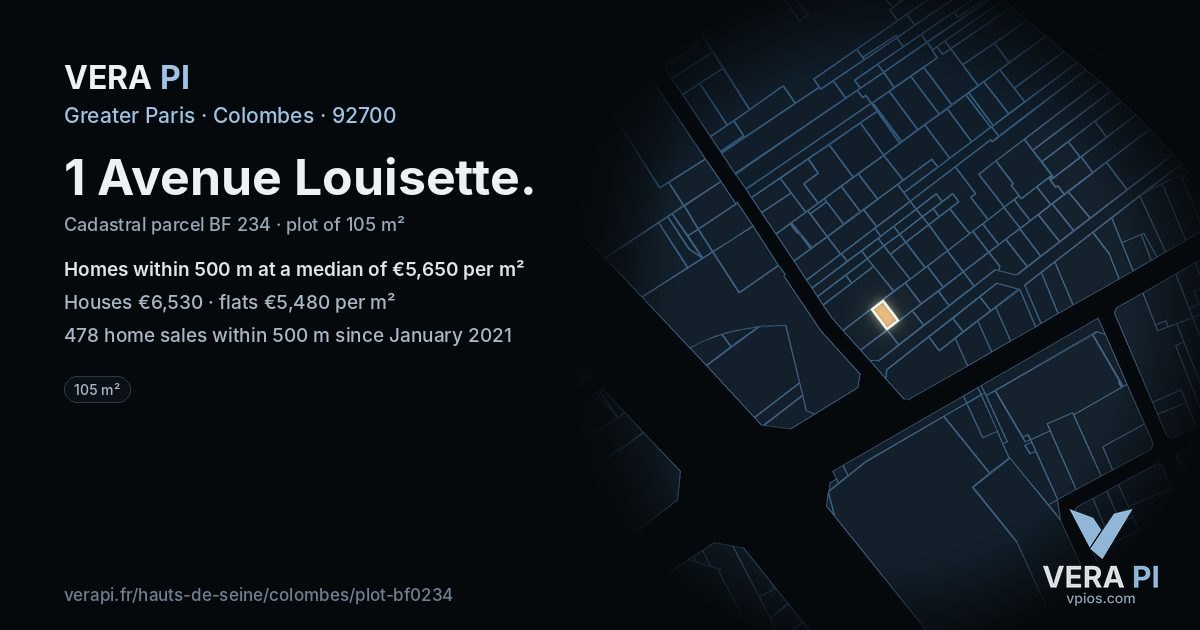 1 Avenue Louisette, Colombes at night – the plot lit, the parcels around coloured by the prices near them