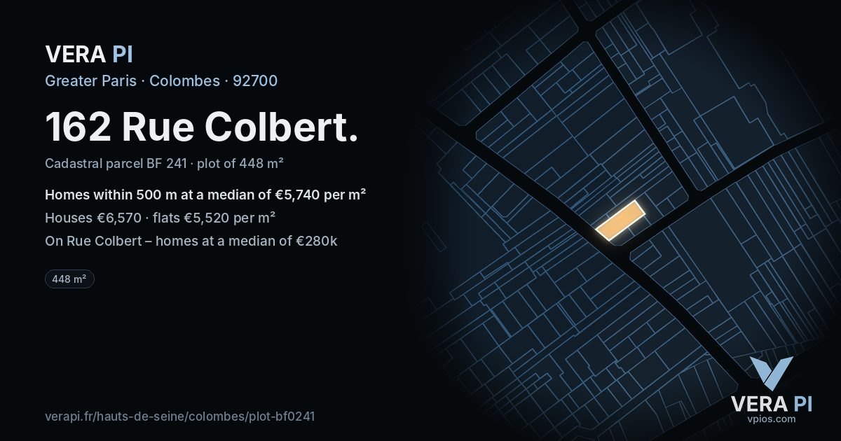 162 Rue Colbert, Colombes at night – the plot lit, the parcels around coloured by the prices near them