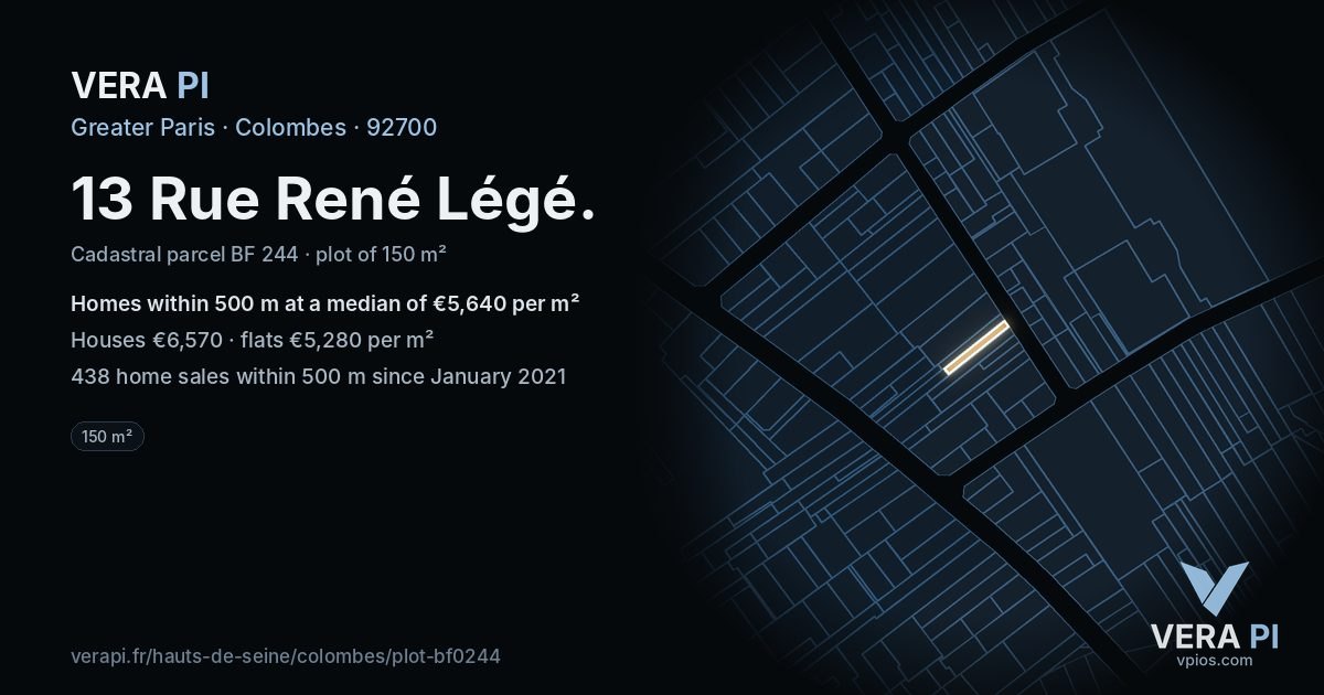 13 Rue René Légé, Colombes at night – the plot lit, the parcels around coloured by the prices near them