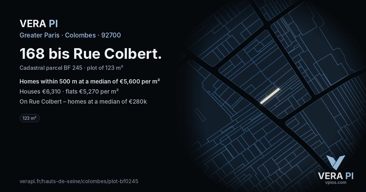 168 bis Rue Colbert, Colombes at night – the plot lit, the parcels around coloured by the prices near them