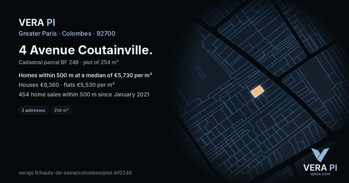 4 Avenue Coutainville, Colombes at night – the plot lit, the parcels around coloured by the prices near them