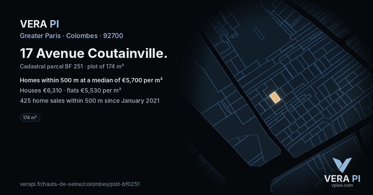 17 Avenue Coutainville, Colombes at night – the plot lit, the parcels around coloured by the prices near them