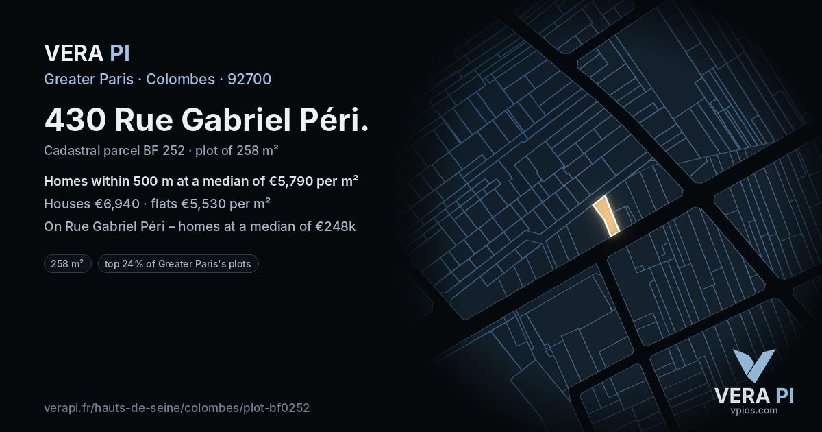 430 Rue Gabriel Péri, Colombes at night – the plot lit, the parcels around coloured by the prices near them