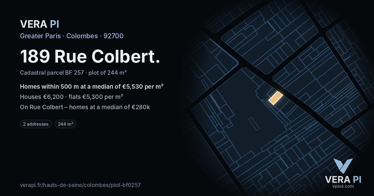 189 Rue Colbert, Colombes at night – the plot lit, the parcels around coloured by the prices near them