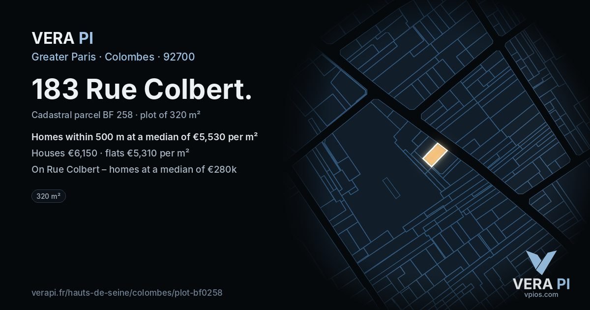 183 Rue Colbert, Colombes at night – the plot lit, the parcels around coloured by the prices near them