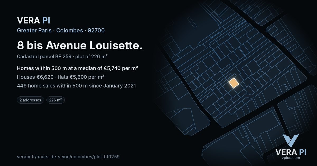 8 bis Avenue Louisette, Colombes at night – the plot lit, the parcels around coloured by the prices near them