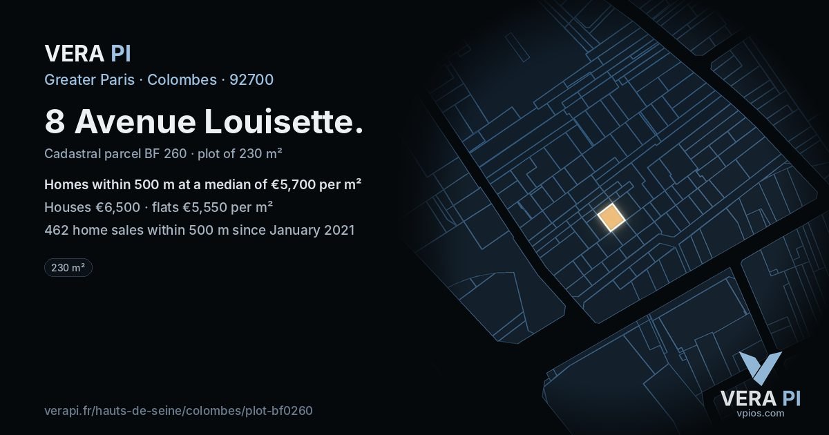 8 Avenue Louisette, Colombes at night – the plot lit, the parcels around coloured by the prices near them