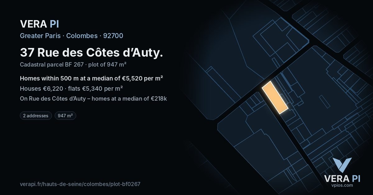 37 Rue des Côtes d’Auty, Colombes at night – the plot lit, the parcels around coloured by the prices near them