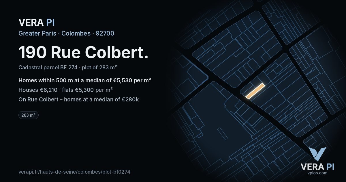 190 Rue Colbert, Colombes at night – the plot lit, the parcels around coloured by the prices near them