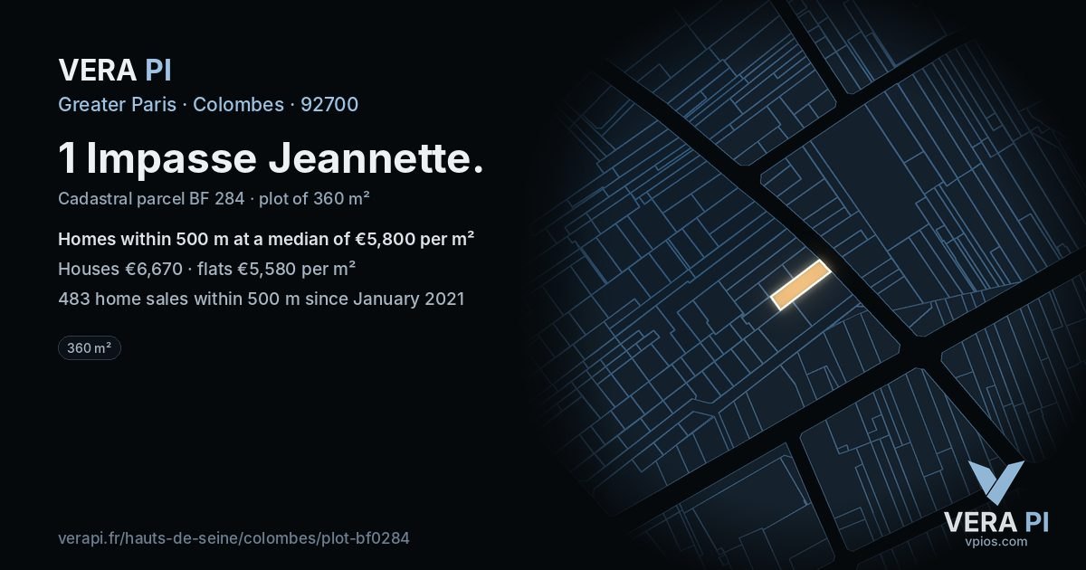 1 Impasse Jeannette, Colombes at night – the plot lit, the parcels around coloured by the prices near them