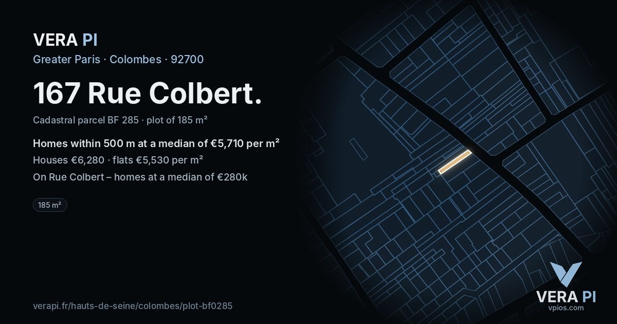 167 Rue Colbert, Colombes at night – the plot lit, the parcels around coloured by the prices near them