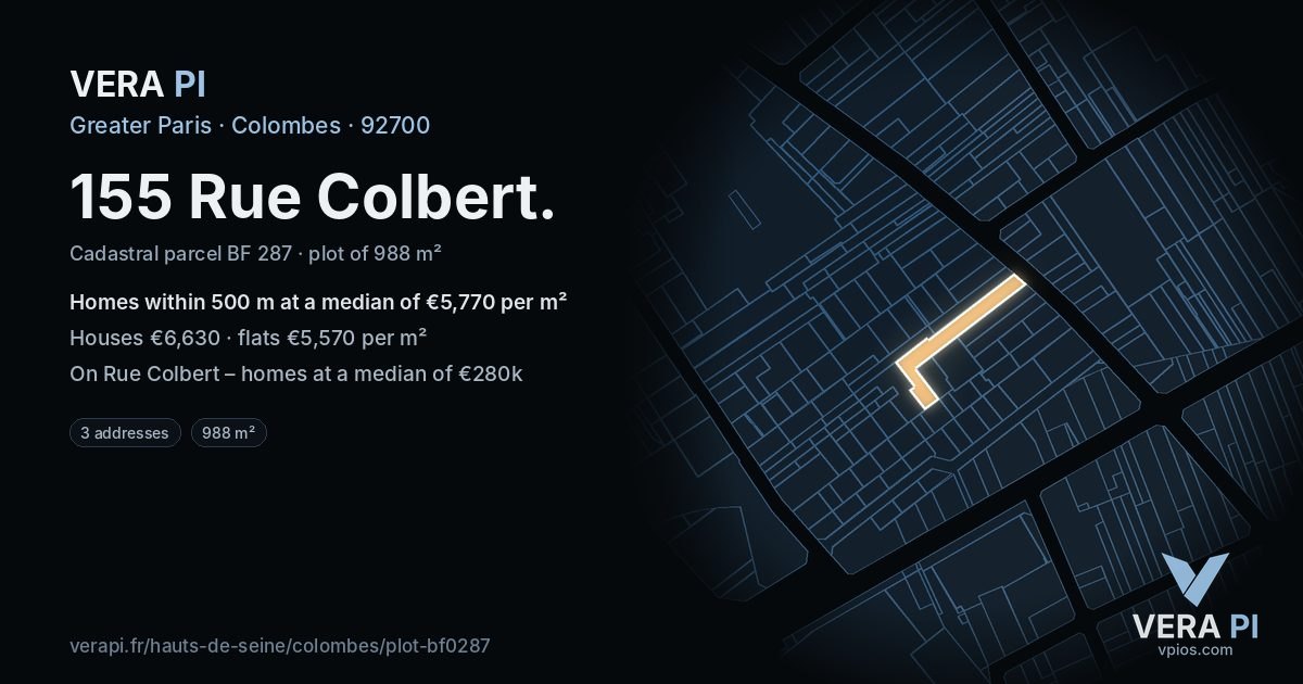 155 Rue Colbert, Colombes at night – the plot lit, the parcels around coloured by the prices near them